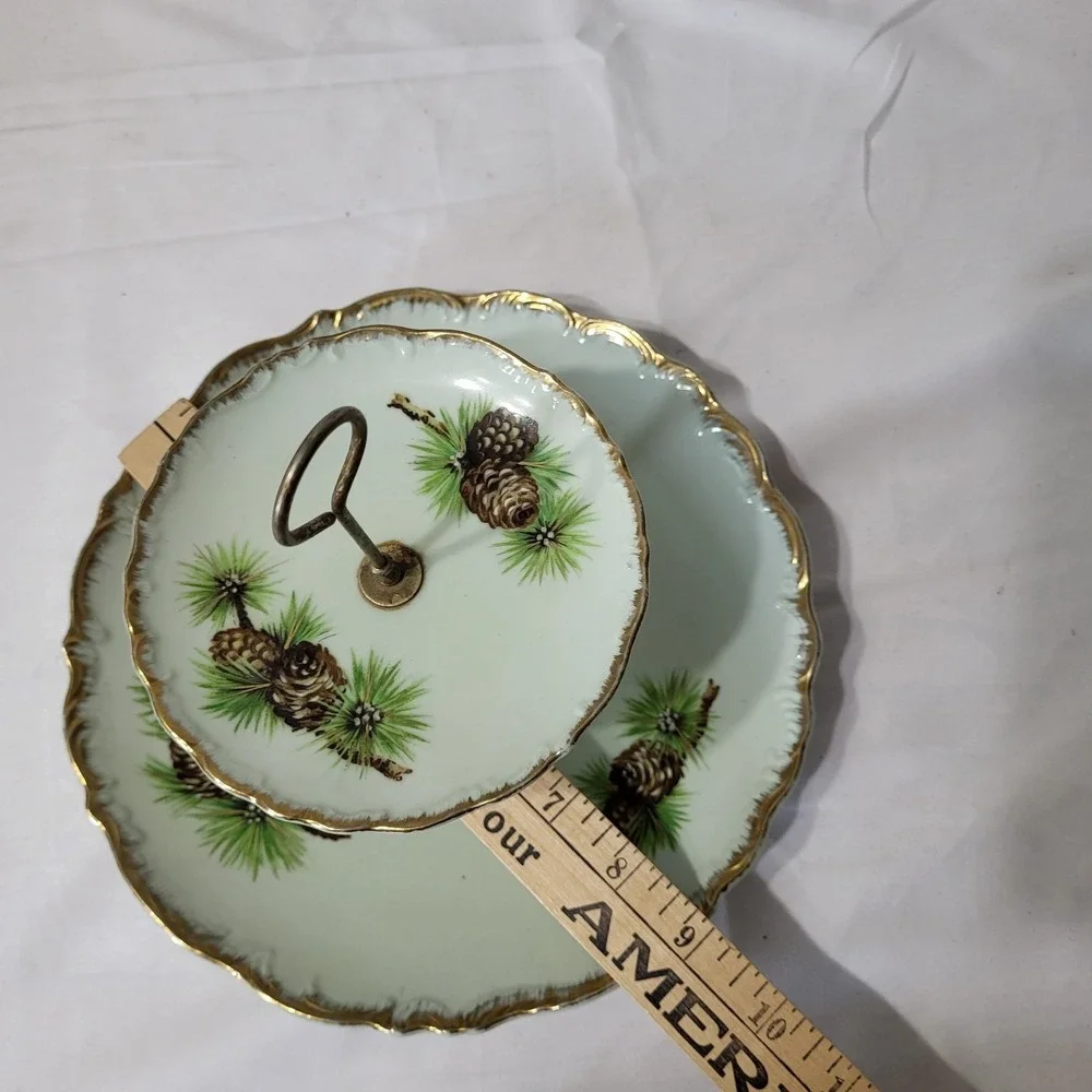 Vintage 2-tier Display Plate Stand Green Gold Edge and Pine Cone Pattern Japan